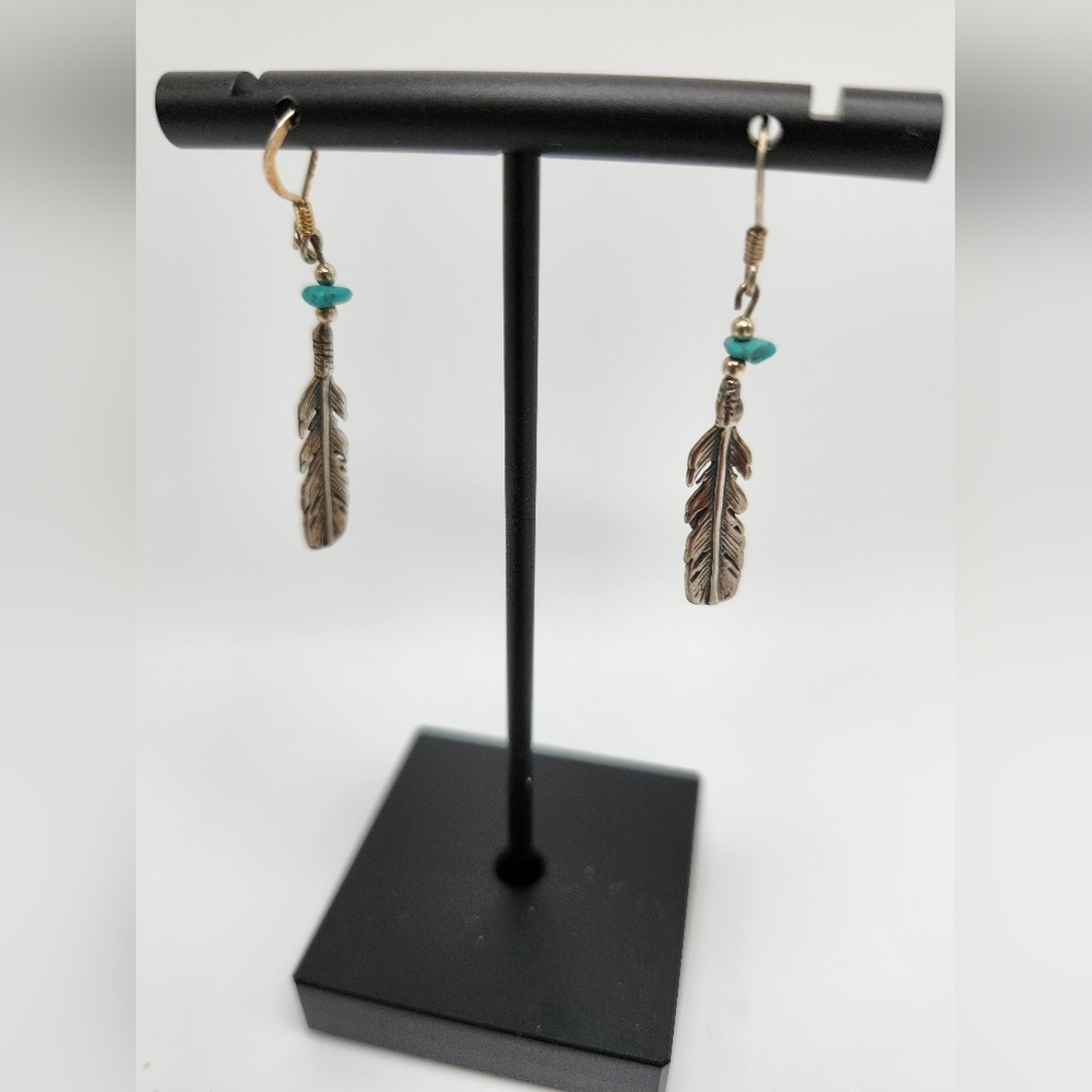Sterling silver & turquoise bead dangling drop hook earrings.   Feather.
